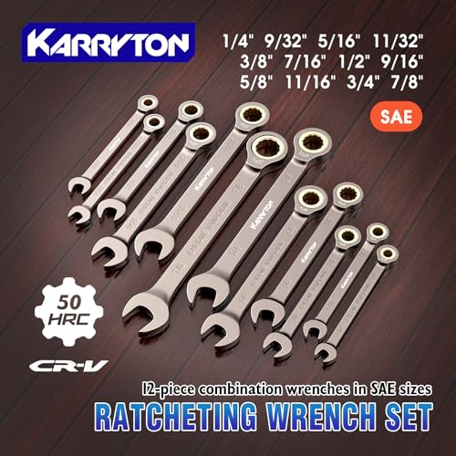Image of 12-Piece Ratcheting Wrench Set (SAE),72 Teeth Ratchet Combination Wrenches Set with Organizer Rack,Cr-V Steel,1 /4-7 /8 inch(12PCS),Black Nickel Handle with Golden Ratchet
