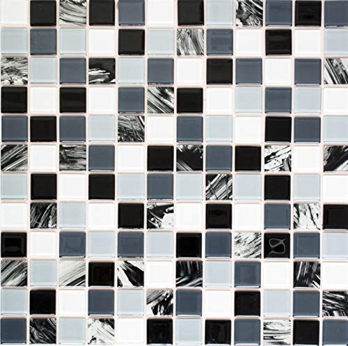 Piastrelle a mosaico autoadesive, traslucide, bianche, grigie e nere, in vetro cristallo grigio, nero, bianco, mOS200-4CM28_f