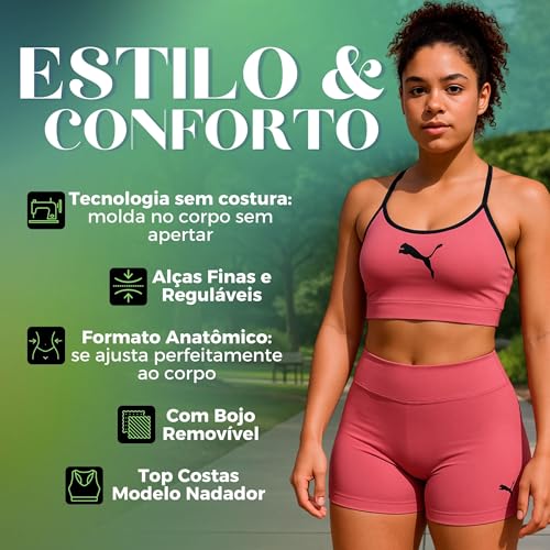 Conjunto Fitness Sem Costura Puma Top Com Bojo e Short Anatômico Academia Feminino Adulto | P | Pret