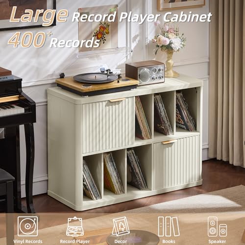 Image of LEYAOYAO Large Record Player Stand with Vinyl Storage Up to 450 Albums, Wood Fluted Record Storage Accent Cabinet, Modern Stereo Media Cabinets, Wide Turntable Stand for Living Room, Antique White