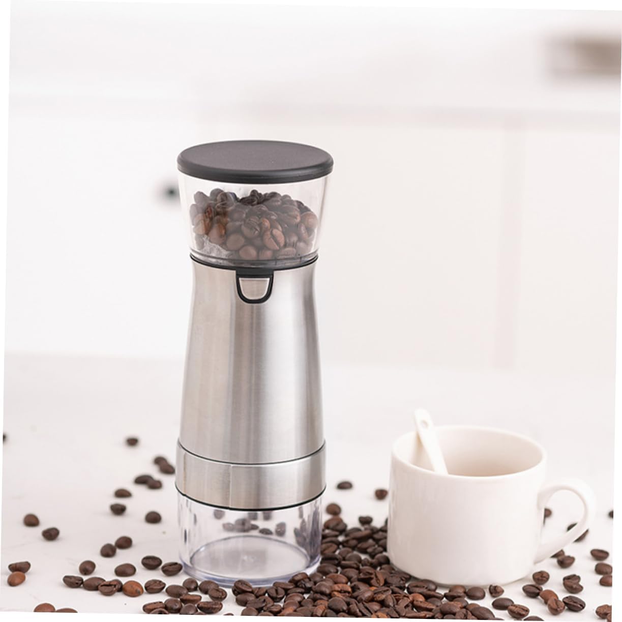 Electric Coffee Bean Grinder Stainless Steel Ceramic Core Automatic Spice Grinder with Non Slip Base USB Rechargeable for Home Use