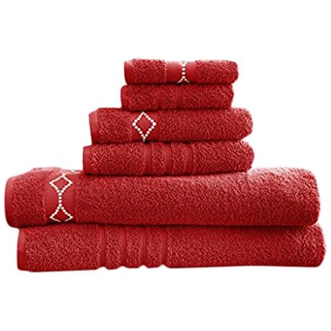 Pacific Coast Textiles Diamond Embroidered Towels, Cotton, Cranberry/Ivory Standard, Set of 6 Cover