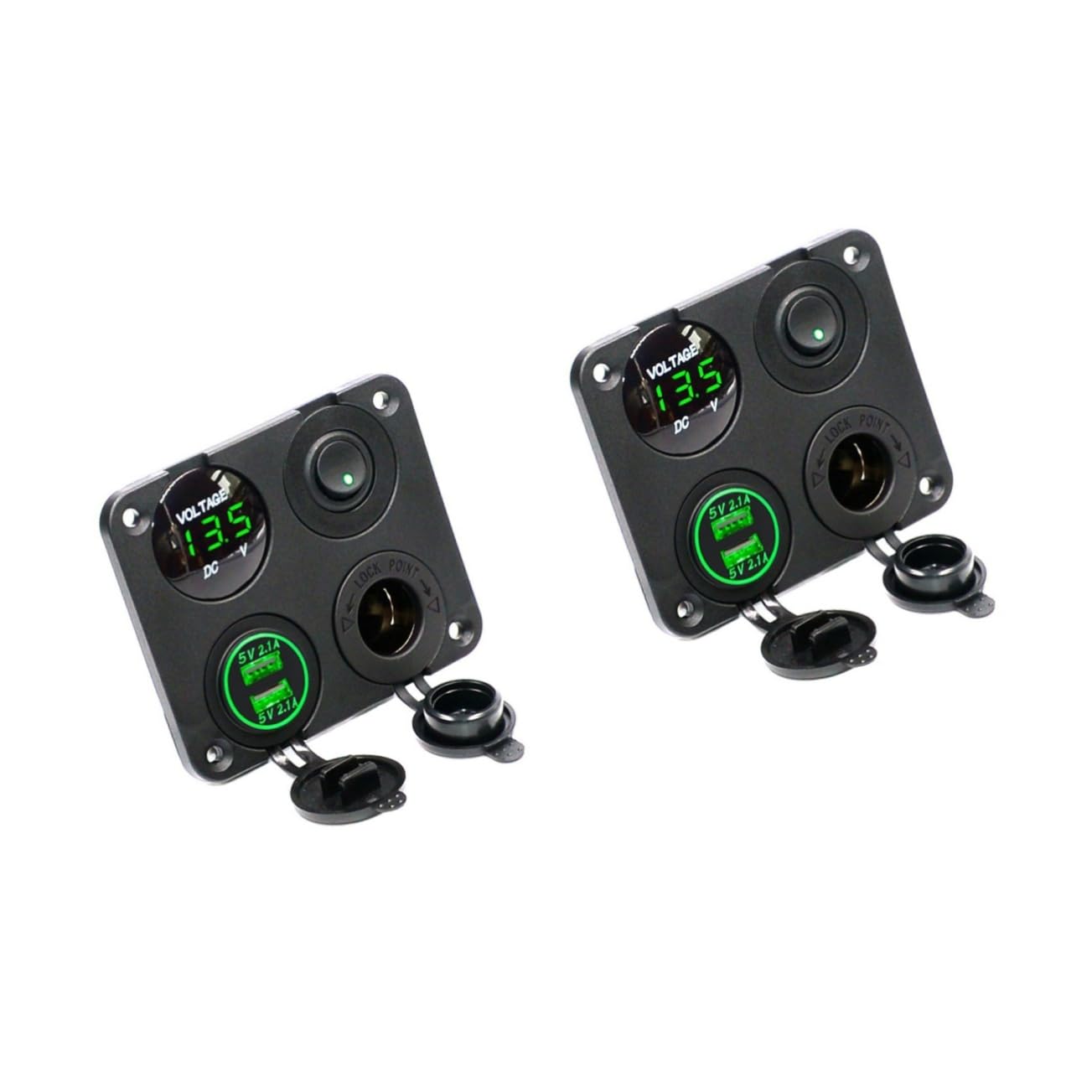 Housoutil Cargador de Coche 4 en 1 de 12- V Convertidor de 2 1 a Usb Voltímetro de Panel 4 en 1 Led Verde para Caravana Camión Autocaravana