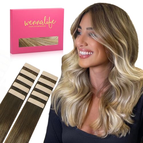 Image of WENNALIFE Tape in Hair Extensions Human Hair Ombre Walnut Brown to Ash Brown and Bleach Blonde Tape in Extensions, 10pcs 20g 10 inch Remy Invisible Tape Ins Straight Real Human Hair Tape in Extensions