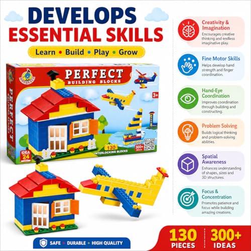 Image of Fair Building and Construction Brick Blocks, 130 Pcs, STEM Set for Boys and Girls, Plastic, Multi Colour, Ages 4 Years and Above