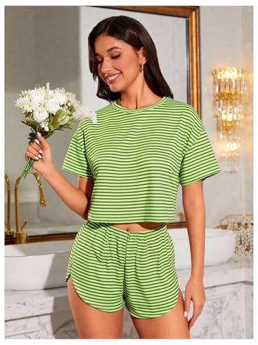 Image of OYOANGLE Womens Pajama Sets 2 Piece Sexy Lounge Sets Summer Cute Pjs Striped Print Tee and Side Split Shorts Set
