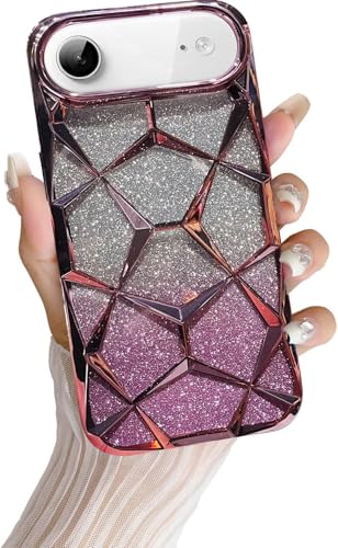 Image of VONZEE Gradient Glitter Back Cover Case Compatible with iPhone 17 Air, Luxury Electroplated 3D Cube, Diamond Bling Shiny Soft TPU Clear Shockproof Women Girls Protective Phone Cover (Rose Gold)