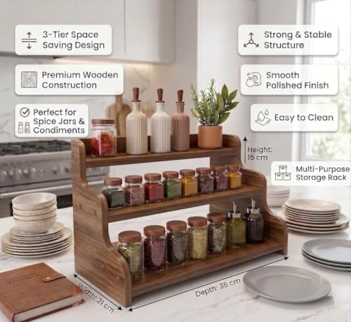 Image of 3-Tier Spice Rack, 13.8 Inch Wood Spice Bottles, Jars, Seasonings, Baking Supplies, Shelf Countertop Spice Storage Holder, Kitchen Pantry Cabinet Organizer Cupboard (BROWN)