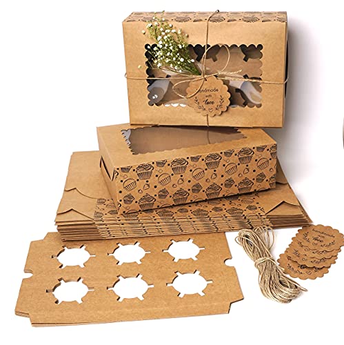 Image of mudrit Cupcake Boxes with Insert Trays, Tags and Twine, Food Grade Kraft paper Cupcake Carrier with Window (10 pcs, 6 holder)
