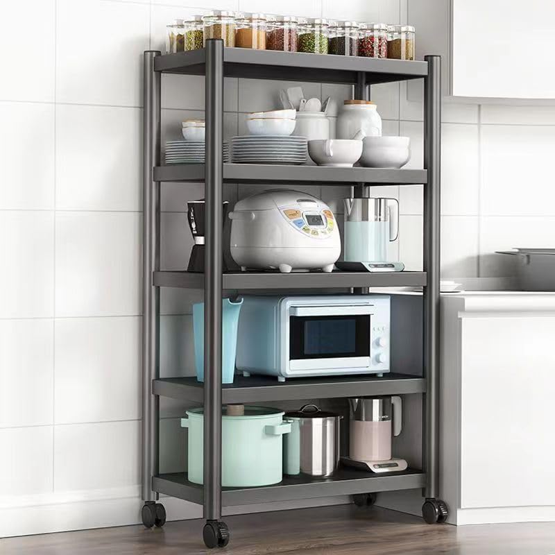 BUYMORE Beautiful Useful Youthful Microwave Shelf,Adjustable Microwave Shelf Stand, Kitchen Shelf Toaster Oven Stand Rice Cooker Stand Kitchen Organizer with 6 Hooks (5-tier)