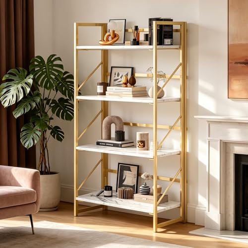 Image of JSB 4 Tier No Assembly Folding Bookshelf, Foldable Storage Bookcase for Home Office, Space-Saving Storage Shelf for Living Room, Bedroom, Office (White&Gold)