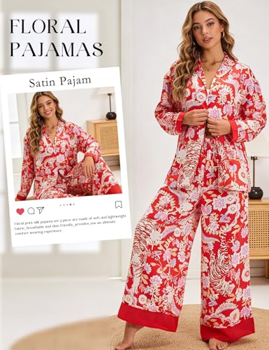 Image of Yimoon Satin Pajama Set for Women Silk Pajamas Set 2 Piece Floral Cute Pj Set Long Sleeve Pjs Sleepwear