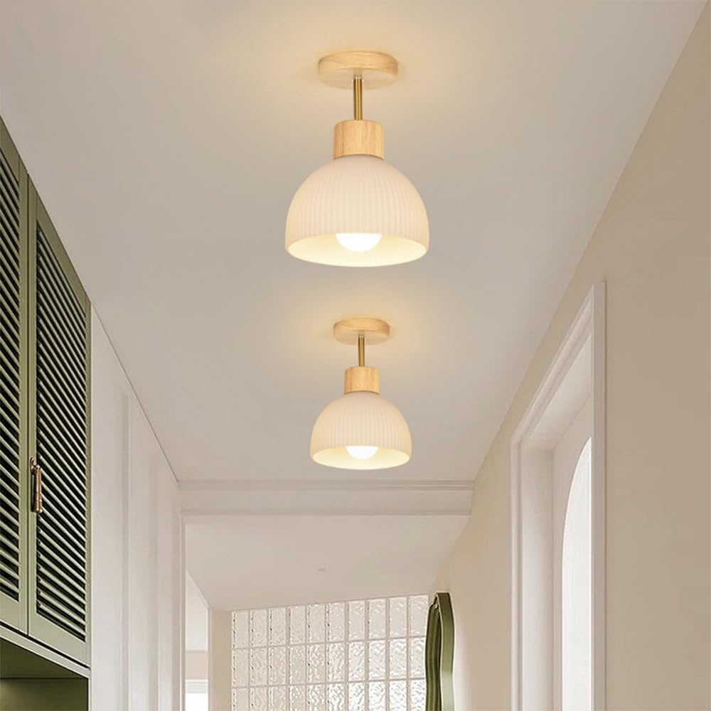 Nordic Wood Ceiling Light, Półpłaska Sufitowa, Drewniana Sufitowa Do Korytarza, Japońska Szklana Sufitowa, Mała Sufitowa Do Przedpokoju/Kolor Drewna