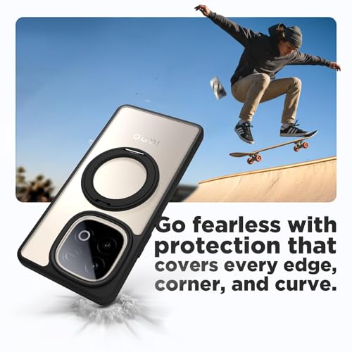 Image of RIGGEAR Shockproof Sleek Hybrid Armor 360 Rotating Magnetic Ring Stand Back Cover Case Compatible with MagSafe Accessories for iQOO Neo 10 5G (f PC and Black TPU Bumper)