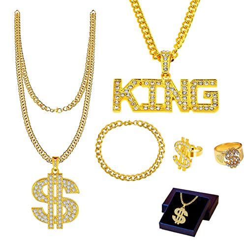 Collier Dollar Signe Bague Kit 6 PièCes Hip Hop Costume Années 90 80 Chaîne Ensemble Deguisement Accessoires Rappeur Colliers Rappeurs Rapper Party Pendentif Symbole Bagues Americain Dollar Bling