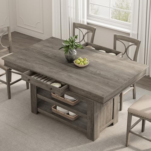 GarveeHome Counter Height Dining Table for 4-6, Wood Bar Height Tall Kitchen Table with Deepened Wine Rack & 2 Drawer & Shelves, Thick Large Table Top for Kitchen, Bar, Heavy Duty, Retro Gray
