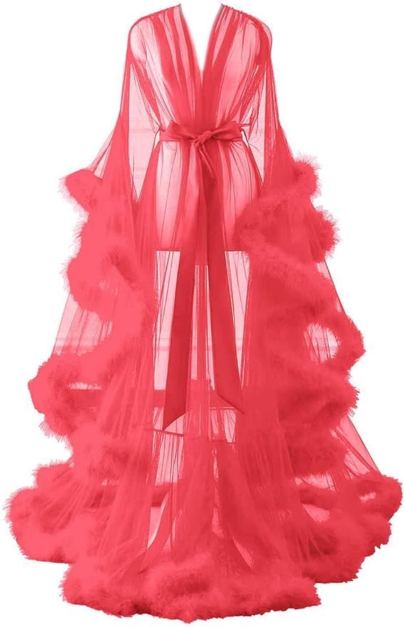 Image of Long Fur Tulle Robe for Women, Maternity Lingerie, Sexy Robe for Maternity Photoshoot