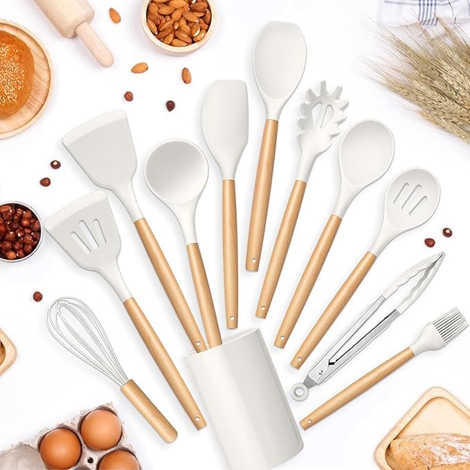Image of Barebeauty 12 Pcs Silicone Kitchen Utensils Set with Holder Heat Resistant Silicone Spatula | Turner Set Wooden Spoons Kitchen Tools | Cooking Utensils for Nonstick Cookware (Cream)