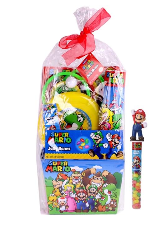 Mario Prefilled Gift Basket with Toys, Jelly Beans Candy and Bonus Mario Tube Topper for Kids, Tweens, Teens