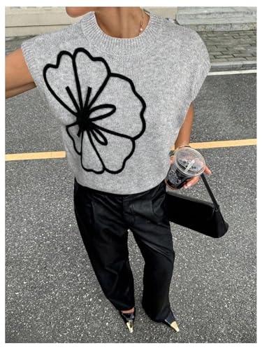 Image of SOLY HUX Women's Short Sleeve Sweater 3D Floral Sweaters Pullover Tank Tops Knit Vest Trendy Fashion Clothing