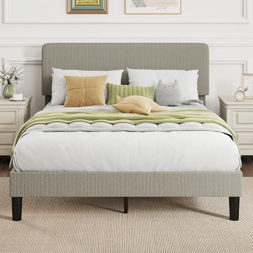 HOMCOM Cadre de lit 140 x 190 cm avec sommier, tête de lit réglable, rembourré en Velours côtelé, Support à Lattes en Bois, Espace de Rangement...