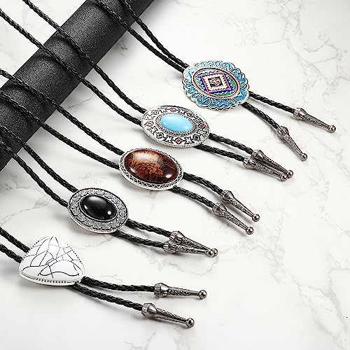 IRONBOX 5Pcs Bolo Tie for Men Handmade Western Cowboy Leather Necktie Totem Element Halloween Costume Accessories - Thumbnail 4