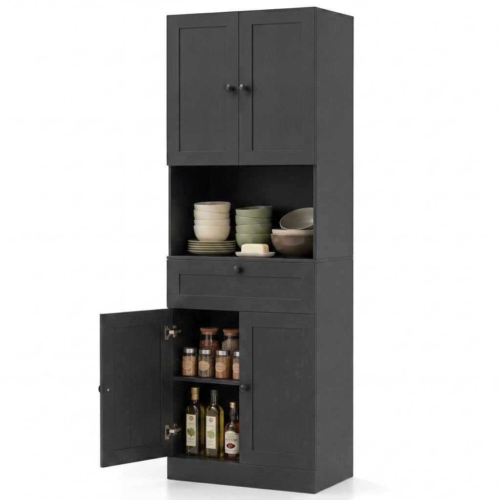 GiantexUK Tall Kitchen Cupboard, 171.5cm Freestanding Pantry Cabinet with 4 Doors, Adjustable Shelves & 1 Drawer, Wooden Storage Cabinet for Kitchen Dining Living Room (Black)