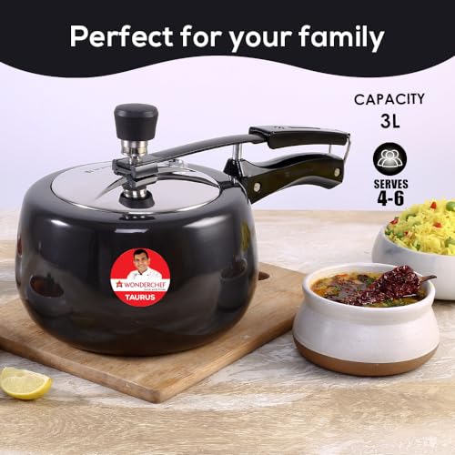 Image of Wonderchef Taurus Hard Anodized Inner Lid Pressure cooker, 3 liter, Cool Touch Handles for Durability, Induction Friendly, Black, 5 year warranty, ISI Certified
