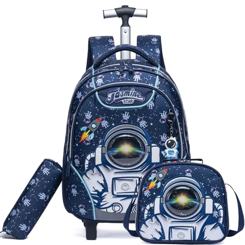 Egchescebo Mochila Escolar Infantil com Rodinhas para Meninos e Mala Carrinho Adequado Adolescentes Costas Alunos do Ensino Fundamental Médio Idades Entre 3 e 12 Anos Azul Astronauta