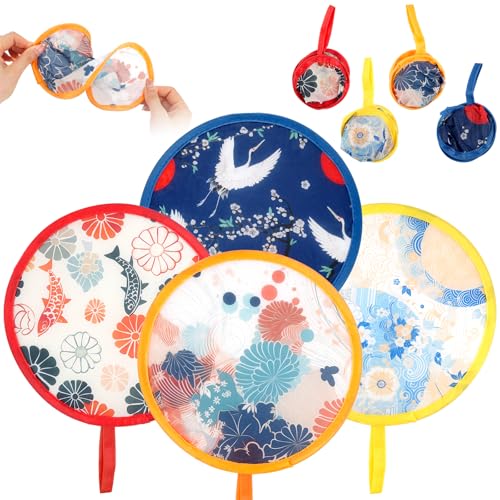 Svalor Faltbarer Handfächer Set, 4 Stück Runder Fächer, Tragbar Pop-Up-Fächer mit Japanische Muster, Sommer Japanische fächer für Kühlung, Hochzeit und Heim Dekoration, Festival Party