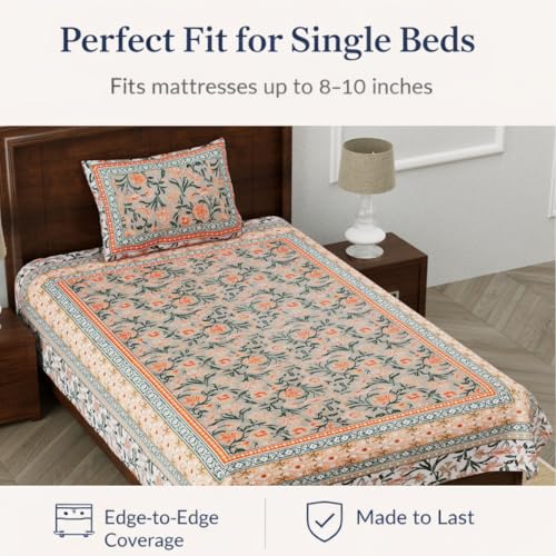 Image of elanorhomes 100% Cotton 240 TC Single Bed Sheet Set | Floral Hand Printed Bedsheet with Pillow Cover | Soft Breathable Summer Fabric for Bedroom | 60x90 Inches (Garden)