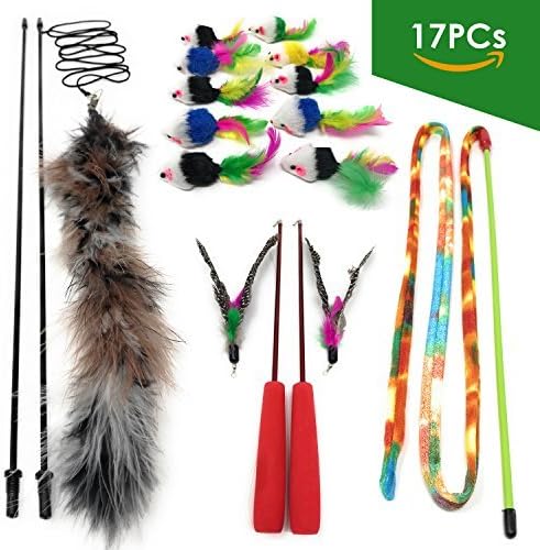 QOUKETT Cat Teaser Wand, Interactive cat Toy Feather Refills, Feather Mouse Mice, Cats Fishing Rod, Retractable Teaser Wand, Cats Pet…