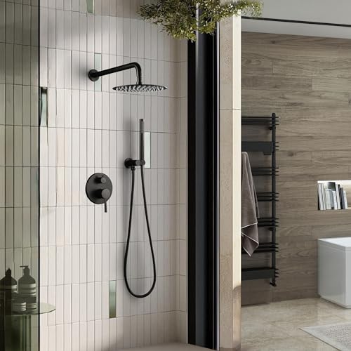 Sistema de Ducha Juego de Grifería de 10 Pulgadas Negro Mate Montaje en Pared Conjunto de Baño de Latón Cabezal de Ducha de Lluvia de Alta Presión con Rociador de Mano Mezclador de Lluvia miniatura 2