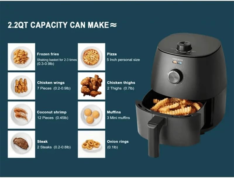 Mainstays 2.2 Quart Air Fryer capacity guide with various food items