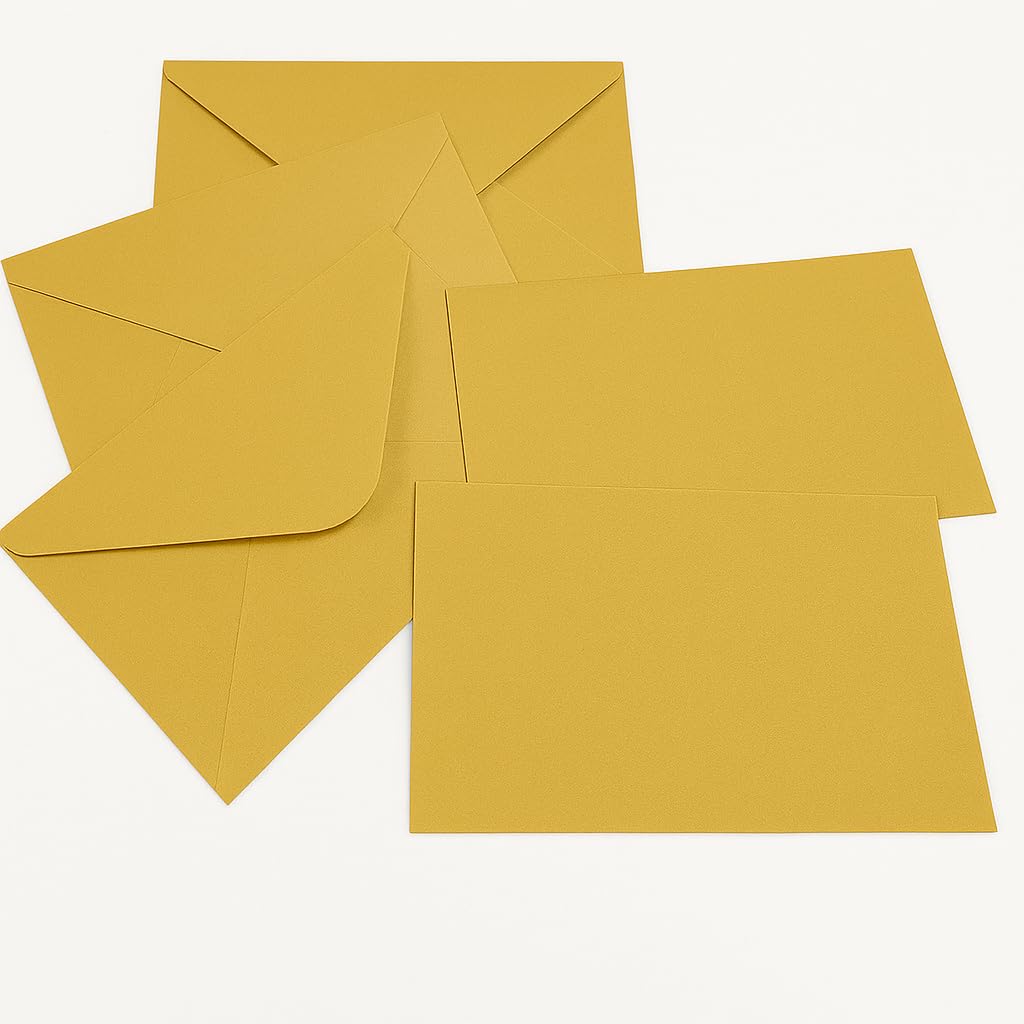 Buste colorate con bigliettini, set 100 buste + 100 biglietti, mini formati 7 x 11,2 cm e 14 x 9 cm, per matrimoni, feste, compleanni, regali e biglietti di auguri (ORO, 14 x 9 CM)