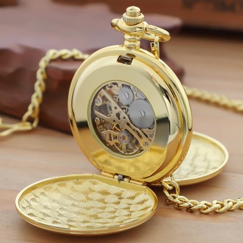 Image of Men's Mechanical Pocket Watch Black Rudder Pattern Double Open Hollow Roman Numerals Pocket Watch