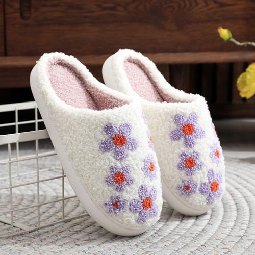 Women's Plush Warm Flowers Slippers Cute Cozy Fuzzy Slip-on House Cotton Slippers Memory Foam Indoor Outdoor Cartoon Slippers3