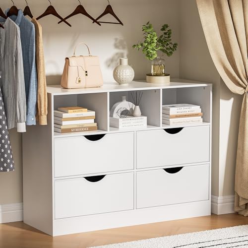 Housoul 4 Drawers Dresser with Open Cube, White Chest of Drawers, Fabric PU Closet Drawer Dresser Large Organizer, White