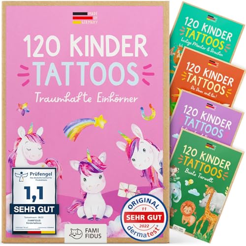 Famifidus 120 Kinder Tattoos hautfreundlich I Zauberhaftes Geschenk für Mädchen und Jungen I Dermatologisch SEHR GUT I Tattoo Kinder Made in Germany I Tattoo für Jungs & Mädchen