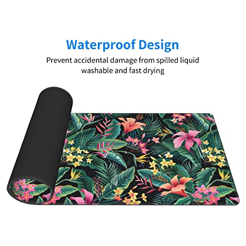 Image of Xl Mouse Pad Gaming, Cute Flower Tropical Leaves Large Mousepad, Long Stitched Non-Slip Base Floral Computer Keyboard Mats for Desk for Women and Girl School Office Decor, (Green Pink, 31.5*11.8 In)