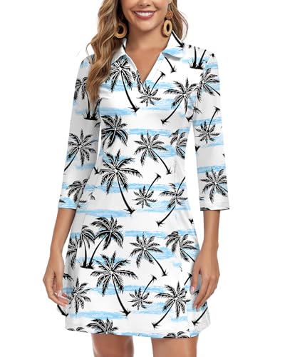 Image of WOWENY 3 /4 Sleeve Dress for Women with Pockets V Neck UPF 50+ Casual Sun Dress Breathable Quick Dry Beach Vacation
