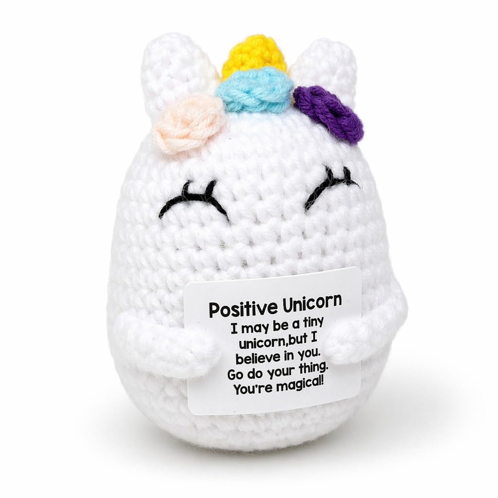Swjing Women's Unicorn Positive Crochet Keepsake With Inspirational Message Card, Handmade Knitted Ornament, Encouragement Desk Decor Gift For Friends, Coworkers, And Men