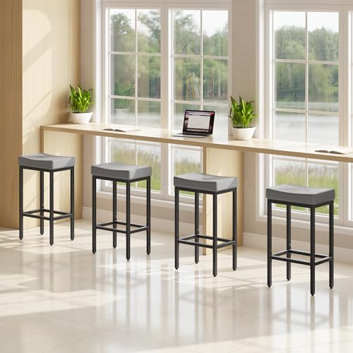 Image of HOOBRO Bar Stools Set of 2, 24.8 Inches Bar Chairs, Counter Height Stools, Saddle Barstools with Curved Surface, 2.4 inch Thick Upholstery, for Kitchen, Dining Room, Gray and Black BG10BY01