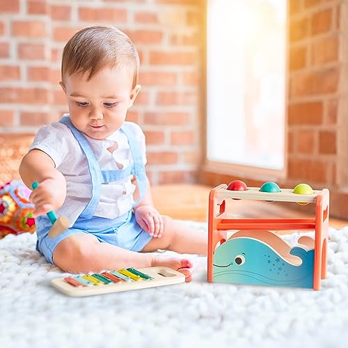 Image of B. toys Xylo-Pound Whale Pounding Bench with Xylophone, Hammer Toy | 2-in-1 wooden pounding bench with removable xylophone, 1 wooden hammer, and 3 balls for music and color matching, 1+ Years
