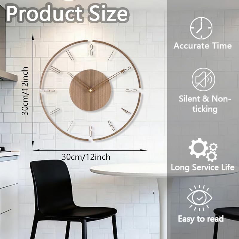 Modern Minimalist Wooden Wall Clock - Silent Non-Ticking Battery Operated Wall Clock for Living Room Bedroom Kitchen Office Decor, 12 Inch Large Wall Clock with Sleek Open Frame Design - Image 4