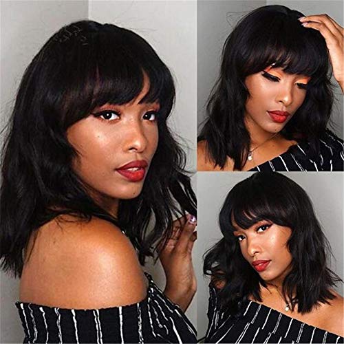 Short Body Wave Bob Wigs With Bangs 14 Inch Shoulder Length Synthetic Bob Wigs for Women Heat Resistant Wig for Daily Party Synthetic Cosplay Wigs (14”, Brown Hair)