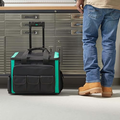 Image of Amazon Basics Tool Storage Rolling Bag with LED Light, 20 Pockets, Adjustable Shoulder Strap, Black