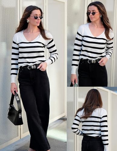 Image of Zeagoo Womens Sweaters Fall Trendy Casual Long Sleeve Shirt Lightweight V Neck Off Shoulder Crochet Pullover Top Outfit