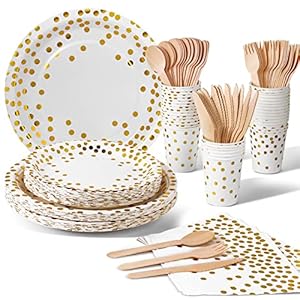 Nkaiso Vajilla de fiesta,140 piezas Blanco puntos dorados, set de juego de platos y cubiertos, cubertería de cartón, vasos, platos y servilletas, para cumpleaños, bodas, aniversarios (20 invitados)