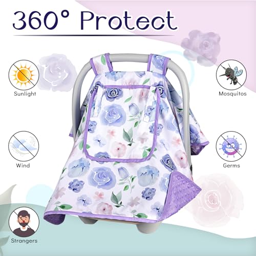 Image of Baby Carseat Seat Cover Girls, Winter Carseat Canopy, Cozy & Warm Cover with Zipper Peep Windows, Infant Minky Carrier Cover, Soft Breathable, Baby Must Have, Purple Romantic